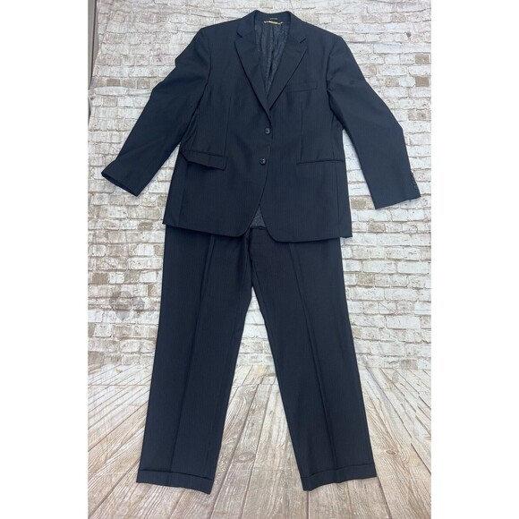 President Donald J Trump 44R  Mens 2pc Suit Wool Macy’s Pinstripe Black/Gold - Picture 1 of 11